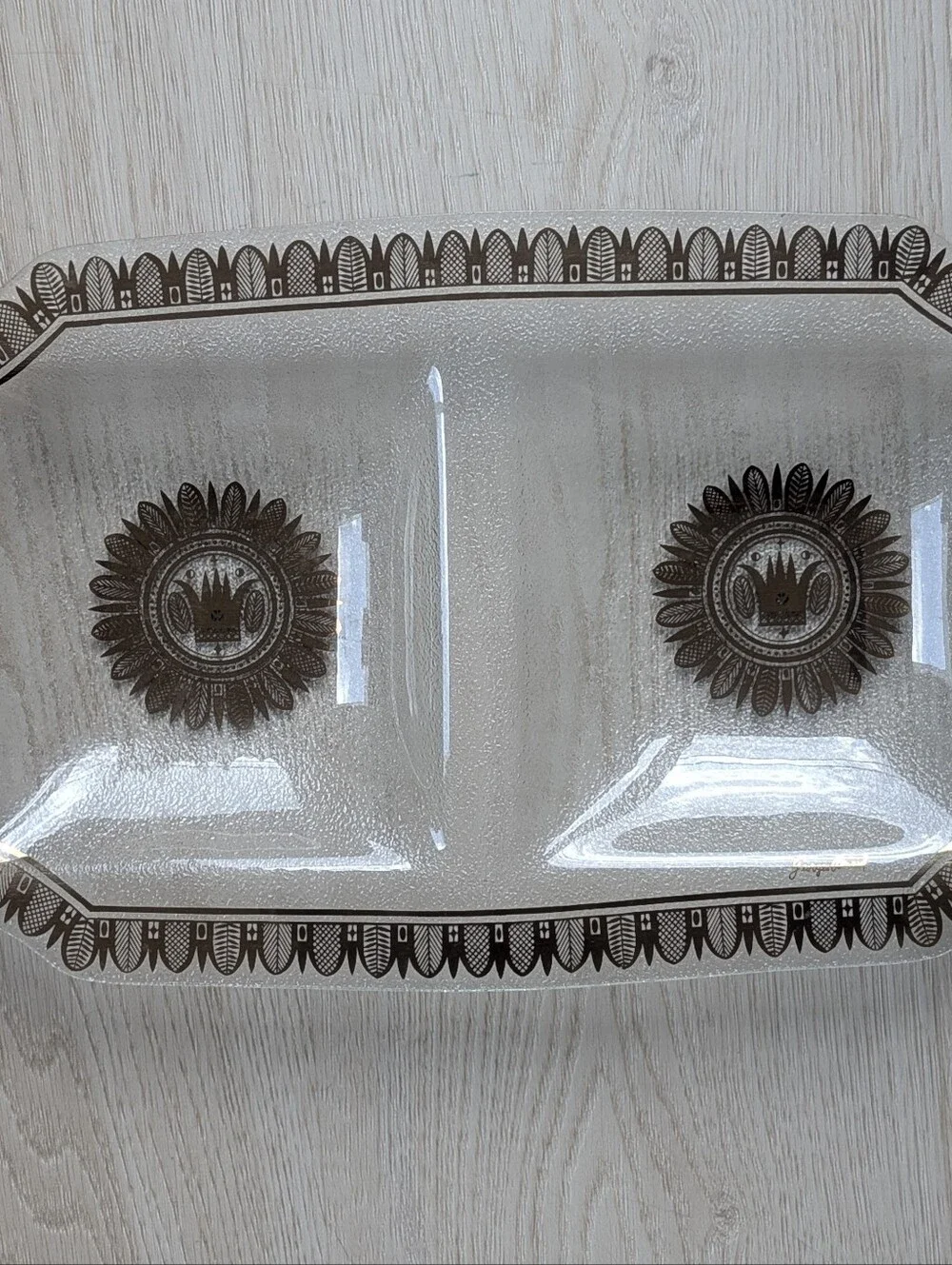 Vintage Georges Briard Glass Tray, Teak Handles, Gold & Brown Design.